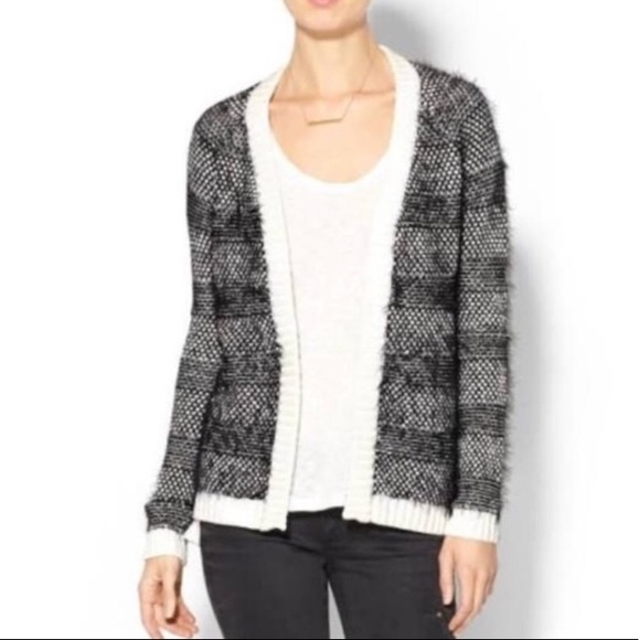 Sabine Cardigan Sweater Fuzzy Black White - Picture 1 of 9